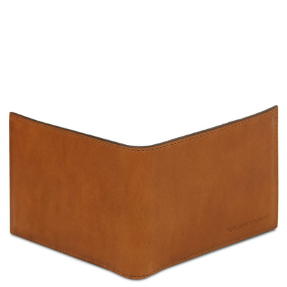 Closed tan brown leather wallet with curved top edge and Tuscany Leather branding