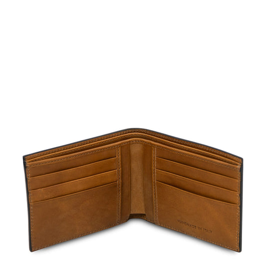 Open two fold tan brown leather wallet with many card slots on both sides and a central compartment