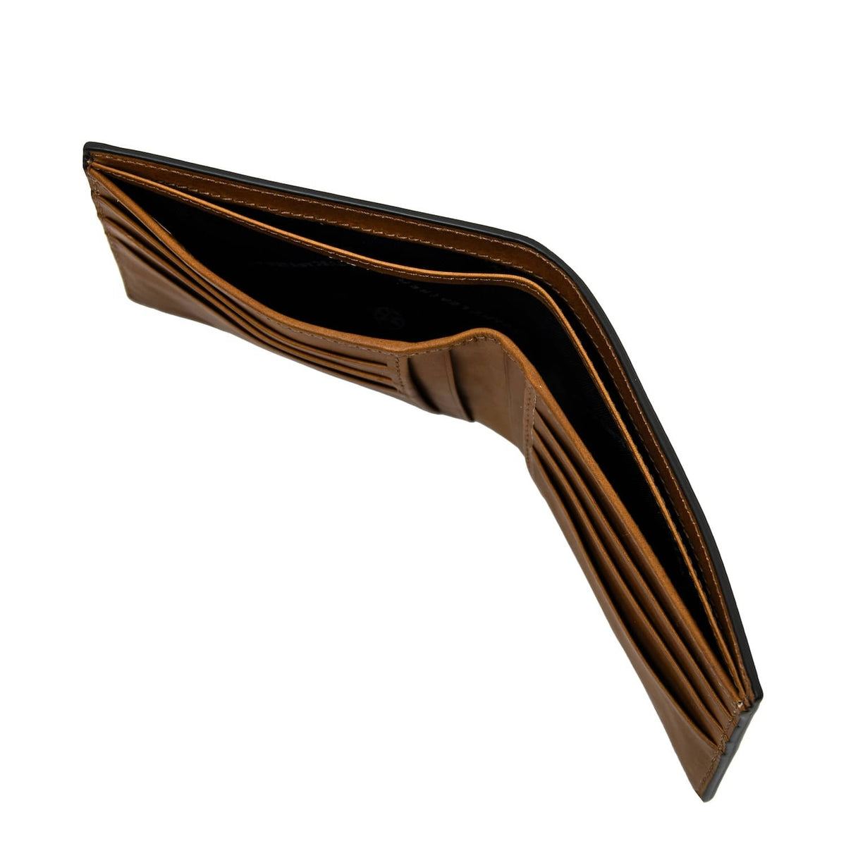Brown matte leather twofold wallet opened to reveal card slots and a central bill pocket