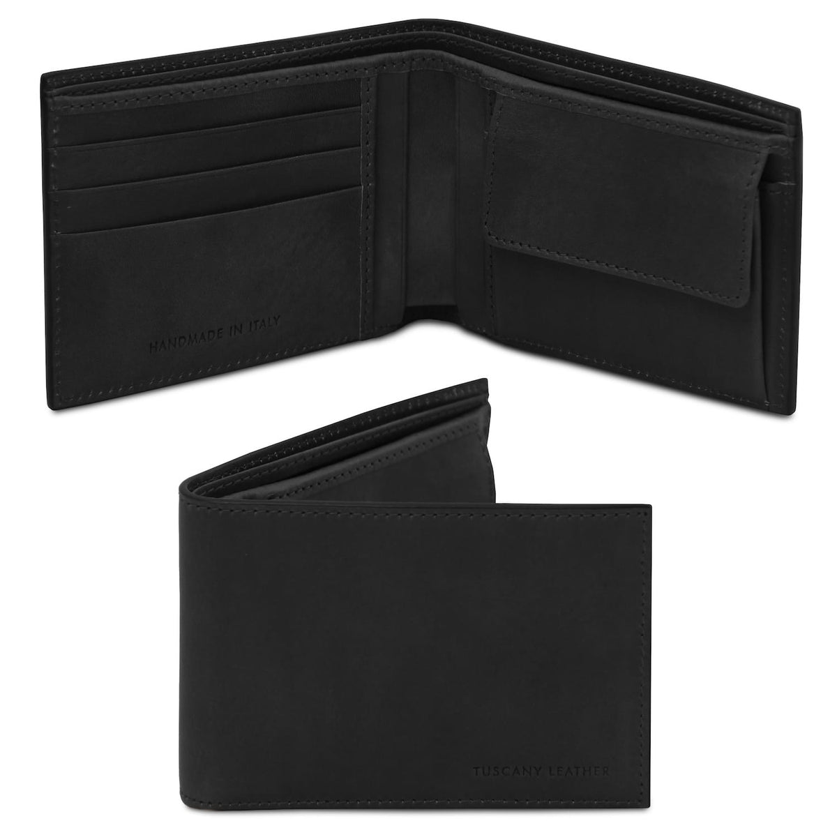 Opaca nero twofold leather wallet opened to show card slots e coin pocket