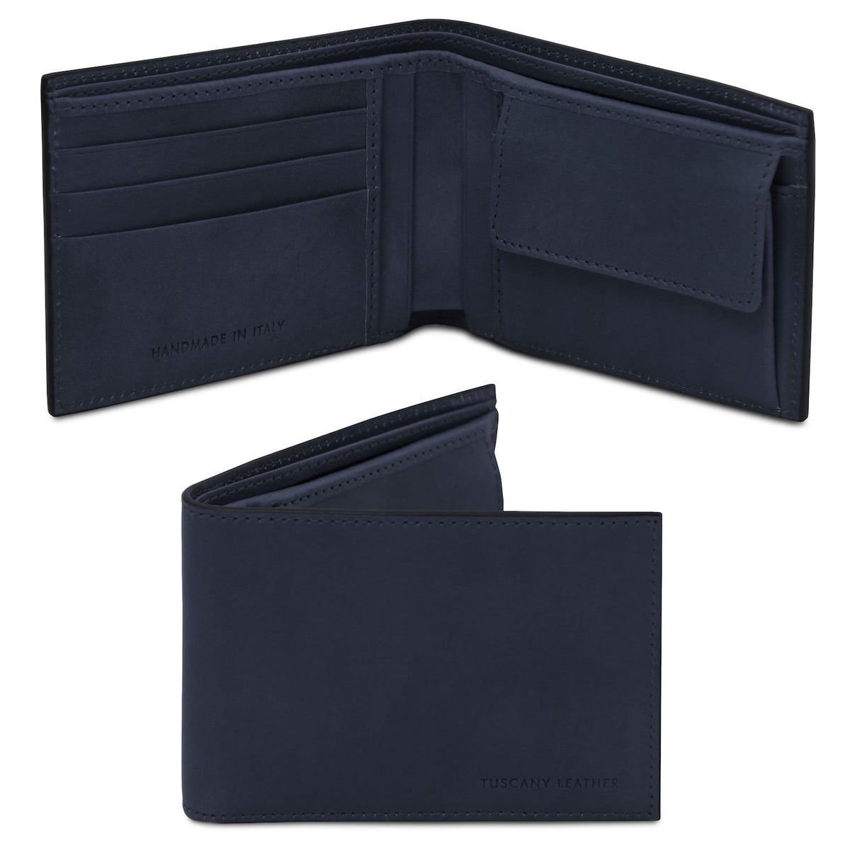 Portafoglio a due ante aperto in pelle opaca blu navy con slot carte e portamonete