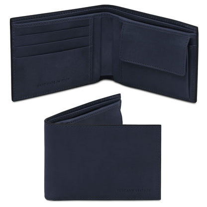 Portafoglio a due ante aperto in pelle opaca blu navy con slot carte e portamonete