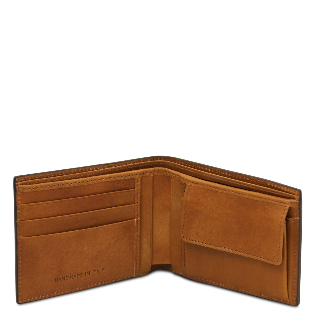 Portafoglio bifold aperto in pelle opaca color cuoio con slot carte e portamonete