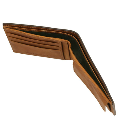Portafoglio aperto in pelle color cuoio con più slot carte e portamonete, Made in Italy