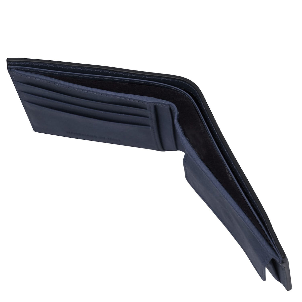 Portafoglio bifold in pelle opaca blu navy con diversi slot carte e portamonete