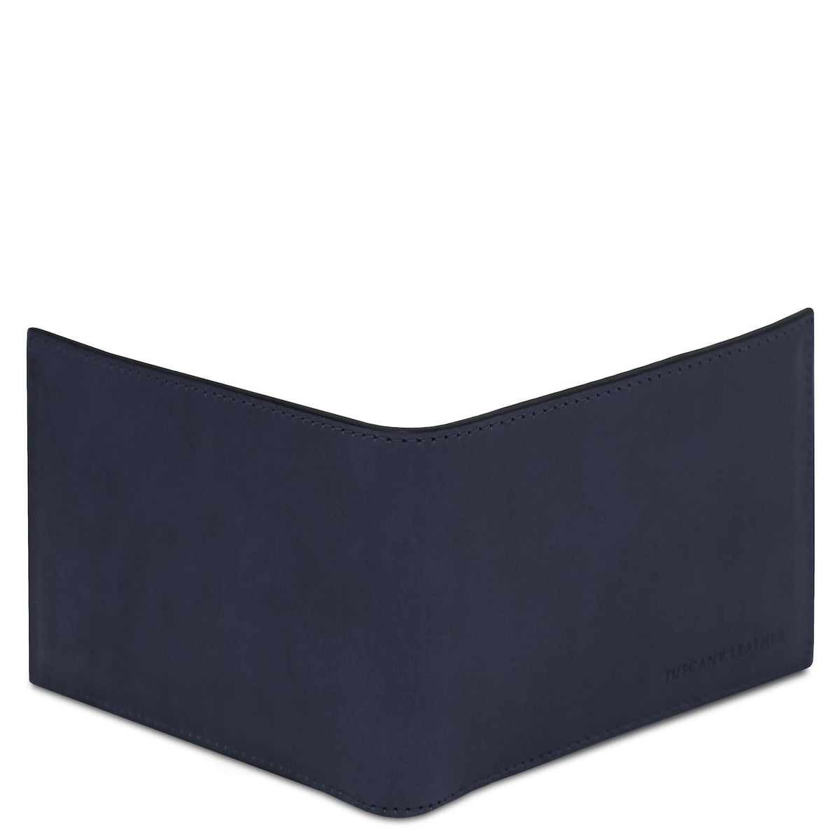 Portafoglio in pelle opaca blu navy visto di lato con bordo superiore curvo e marchio Tuscany Leather