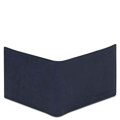 Portafoglio in pelle opaca blu navy visto di lato con bordo superiore curvo e marchio Tuscany Leather