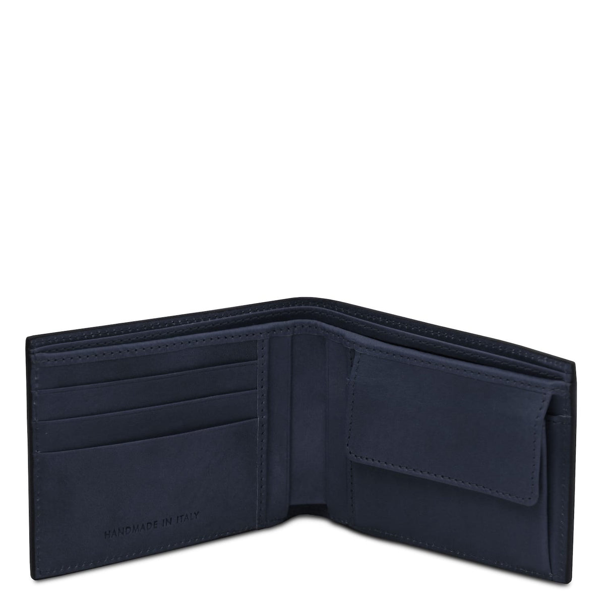 Portafoglio blu navy a due ante aperto con più slot carte e portamonete, Made in Italy