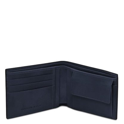Portafoglio blu navy a due ante aperto con più slot carte e portamonete, Made in Italy