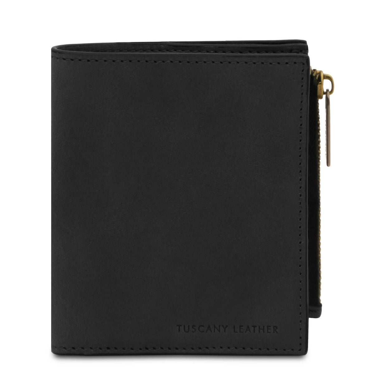Black men's leather wallet with zip around closure and Tuscany Leather branding