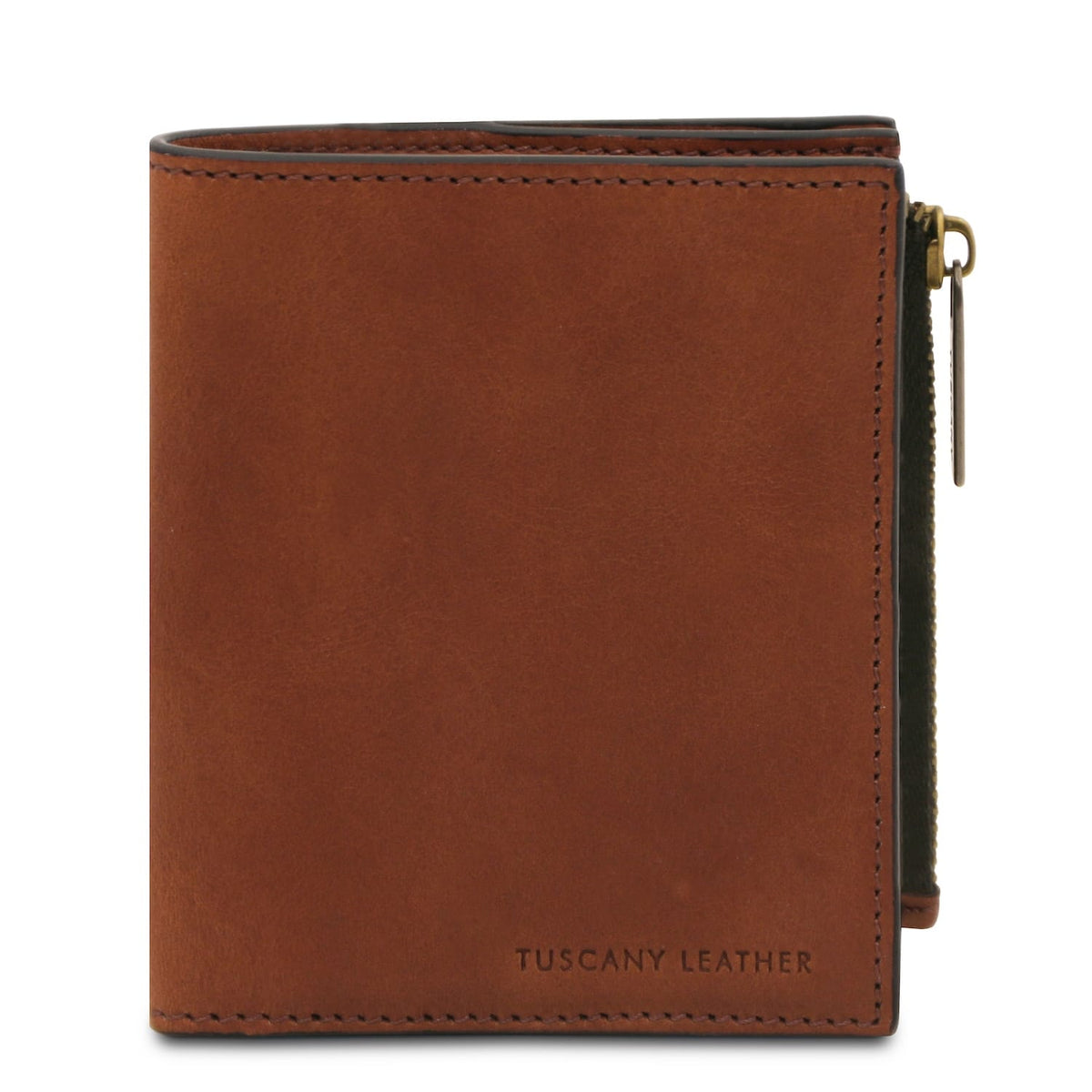 Front view of tan Tuscany Leather wallet with branding on the lower edge.