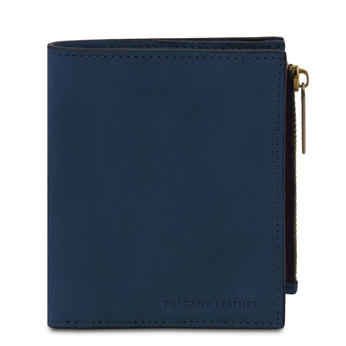 Blue Tuscany Leather wallet with side gold zipper and a minimalist finish.