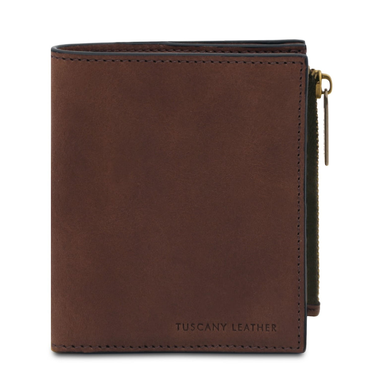 Brown Tuscany Leather compact wallet with neat stitching and a side zip pocket