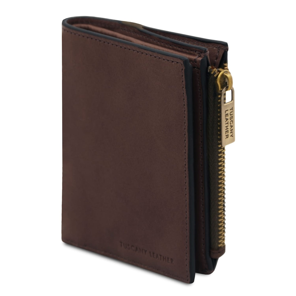 Exclusive brown leather wallet for men with a side gold zipper pocket