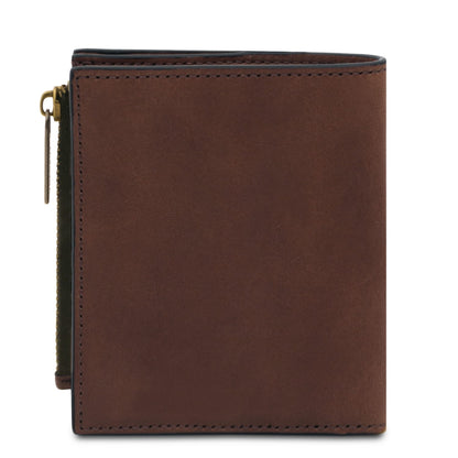 Brown leather men's wallet with a smooth front and neat stitching
