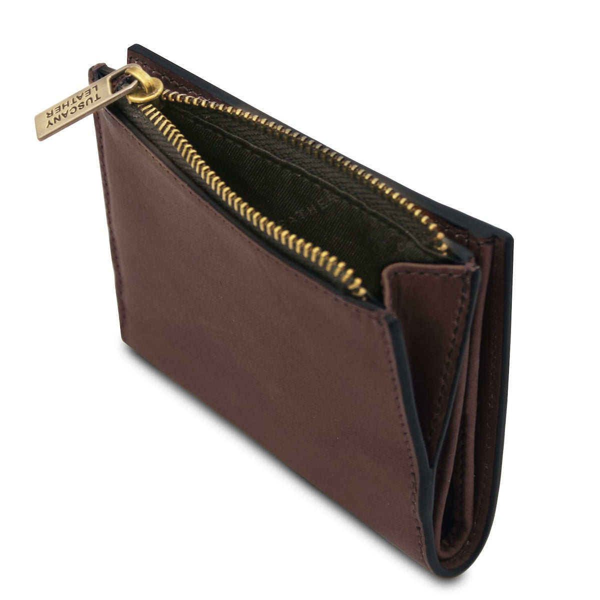 Brown leather wallet with dual gold zippers and a branded pull tab