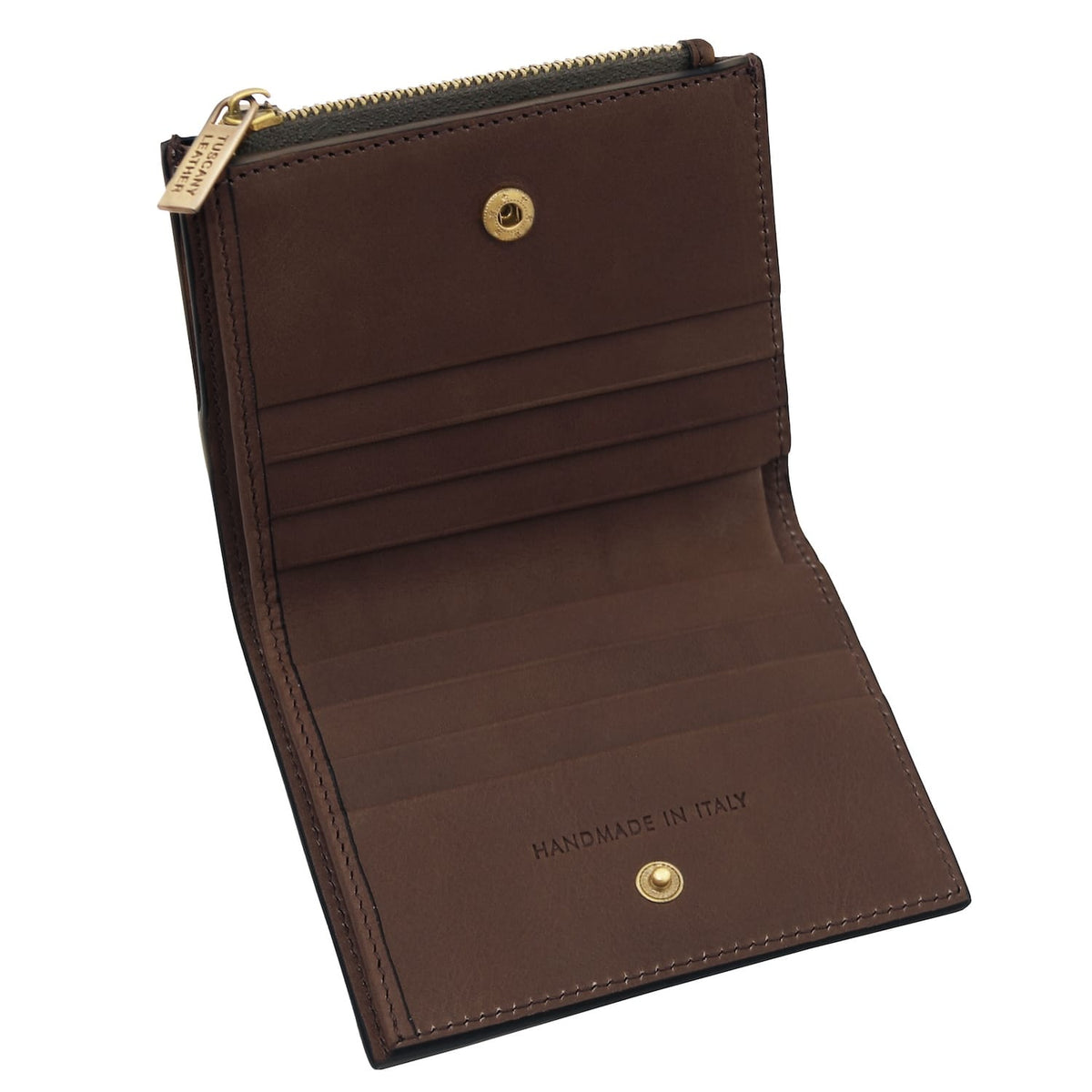 Brown leather wallet opened to reveal card slots and a handmade in Italy stamp.