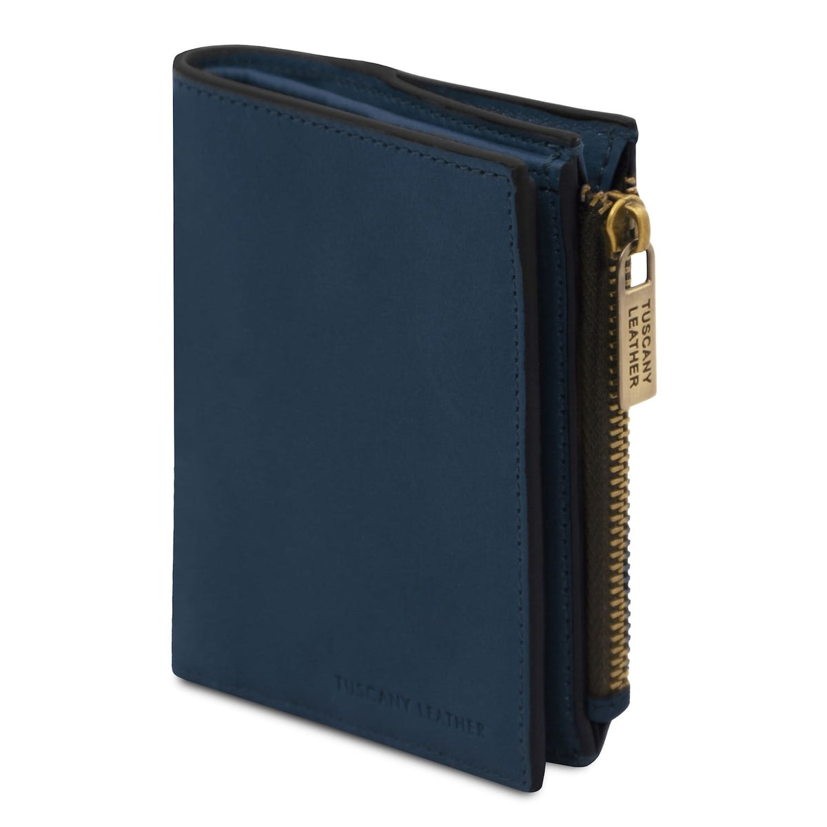 Blue leather wallet for men with a gold side zipper