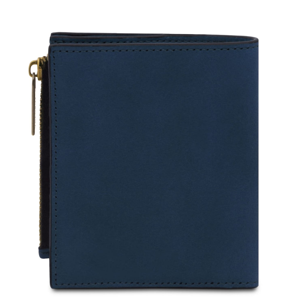 Blue leather men's wallet with a gold zip pull along the edge