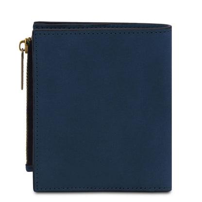Blue leather men's wallet with a gold zip pull along the edge