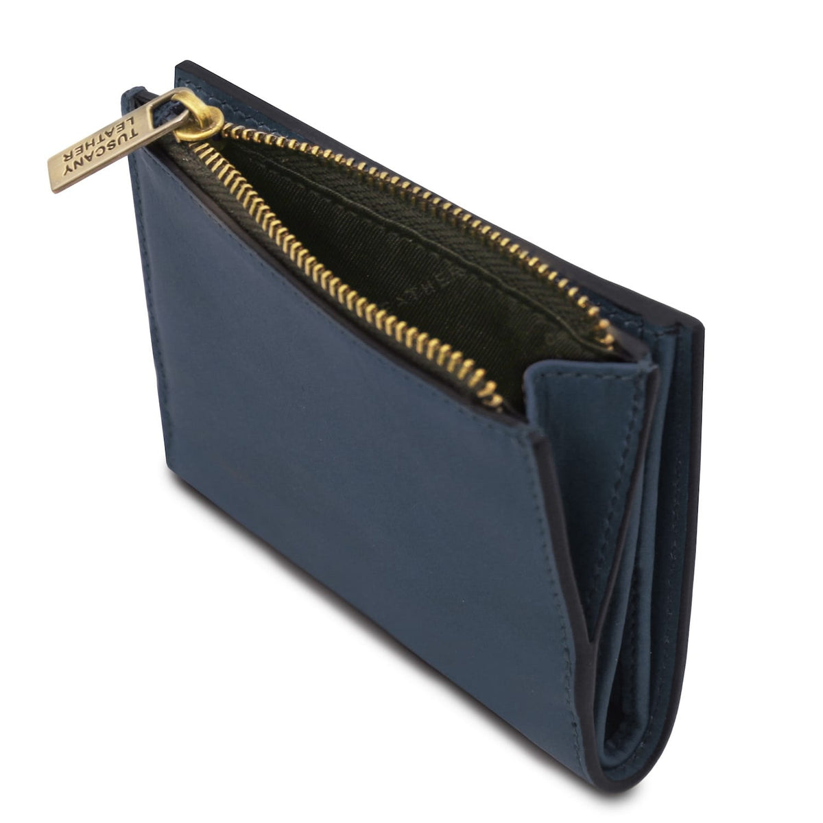 Blue leather wallet partially open showing inner compartments and gold zipper