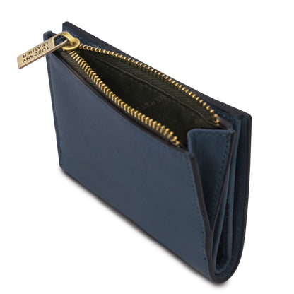 Blue leather wallet partially open showing inner compartments and gold zipper