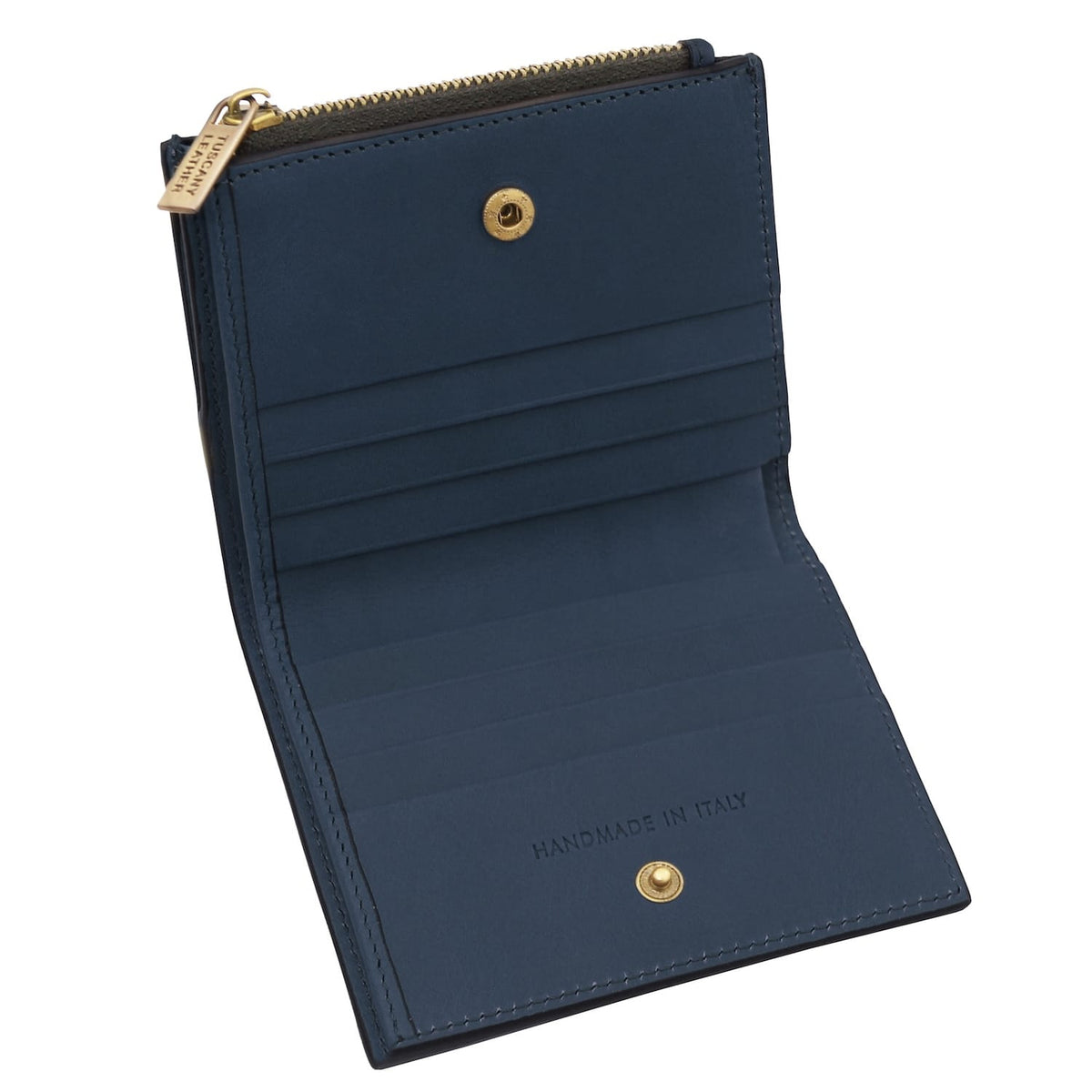 Exclusive navy blue leather wallet for men open to show card slots and zippered coin pocket with gold hardware