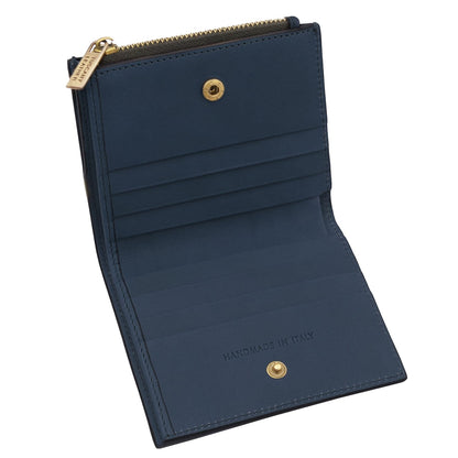 Exclusive navy blue leather wallet for men open to show card slots and zippered coin pocket with gold hardware