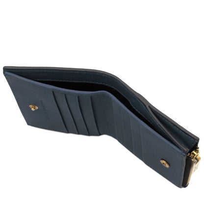 Opened dark blue leather wallet with several card slots and a zippered section on the side