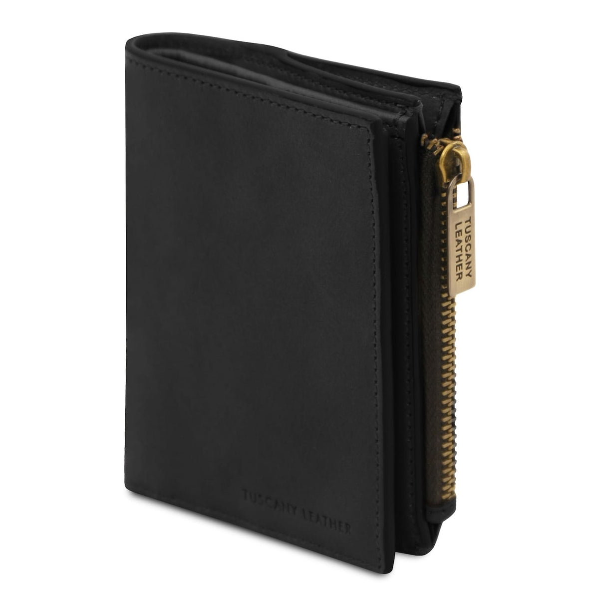 Black leather wallet with gold side zipper for coins, compact design.