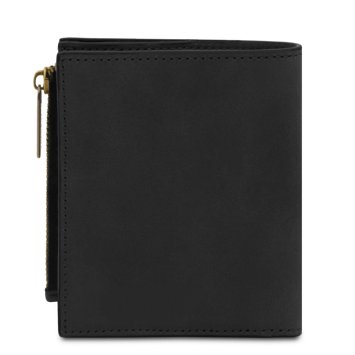 Slim black leather wallet with neat stitching and a smooth front.