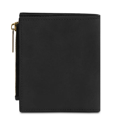 Slim black leather wallet with neat stitching and a smooth front.