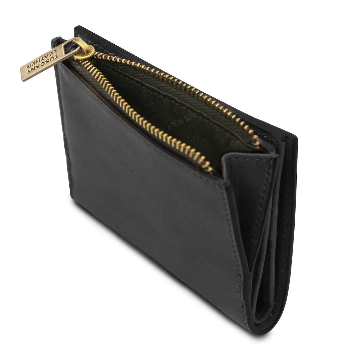 Open black leather wallet with zippered compartments and interior slots.