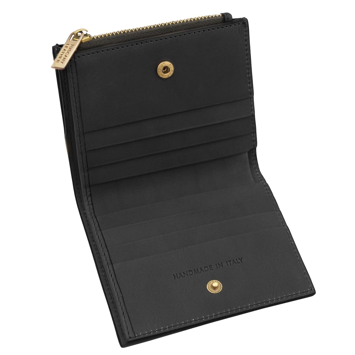 Black leather men's wallet opened to reveal card slots and a zippered pocket handmade in Italy.