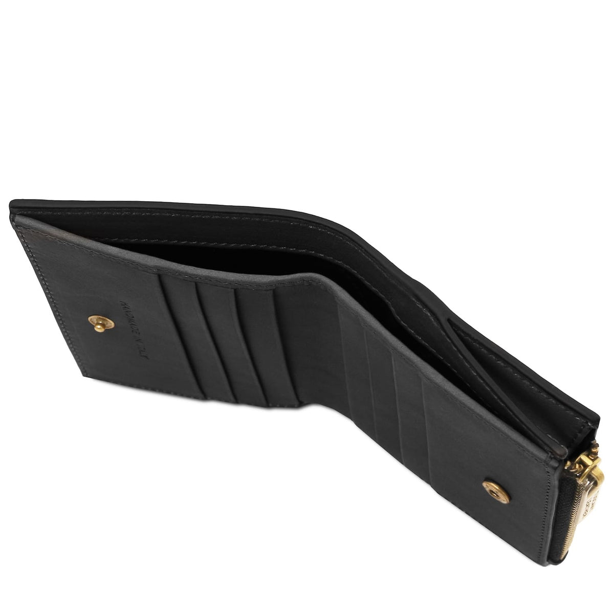 Black leather wallet opened to reveal multiple card slots and a zip around closure.