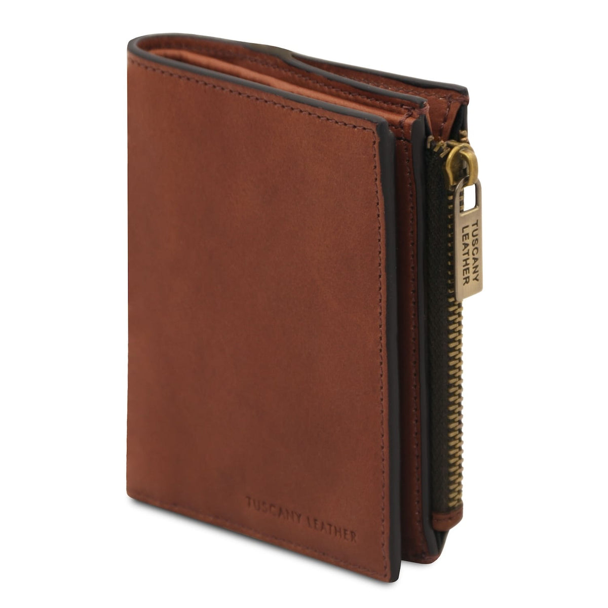 Exclusive brown leather wallet for men with a gold zipper along the side and black edge trim