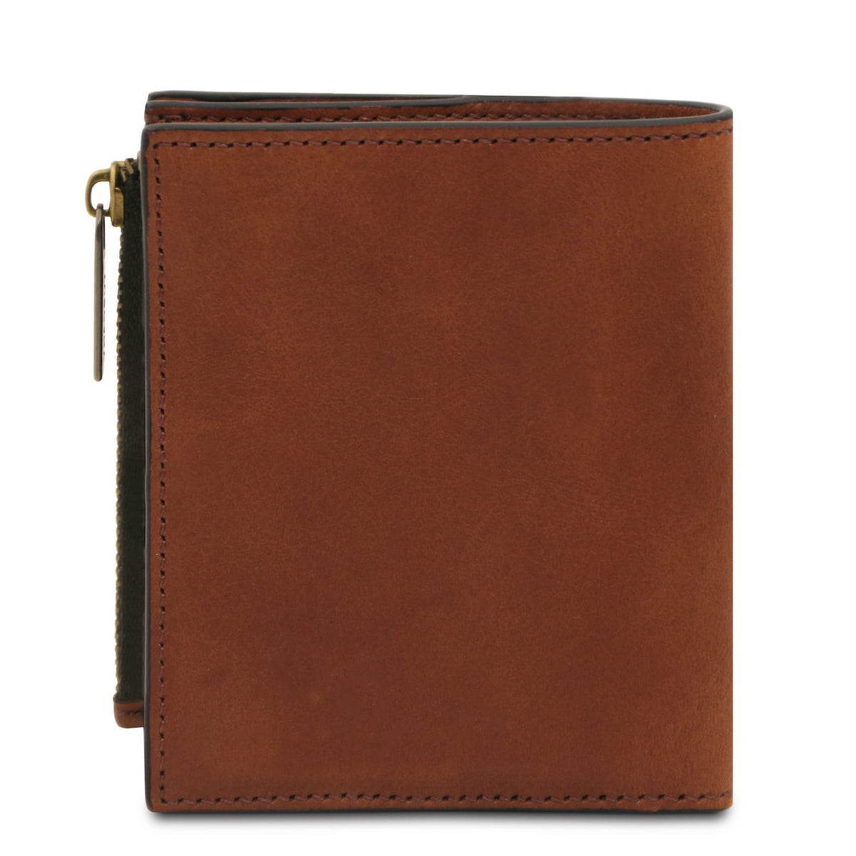 Brown leather men's wallet shown from the side with neat stitching and slim profile