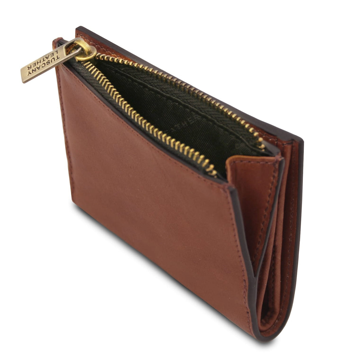 Open brown leather wallet with two gold zippers revealing dark fabric interior