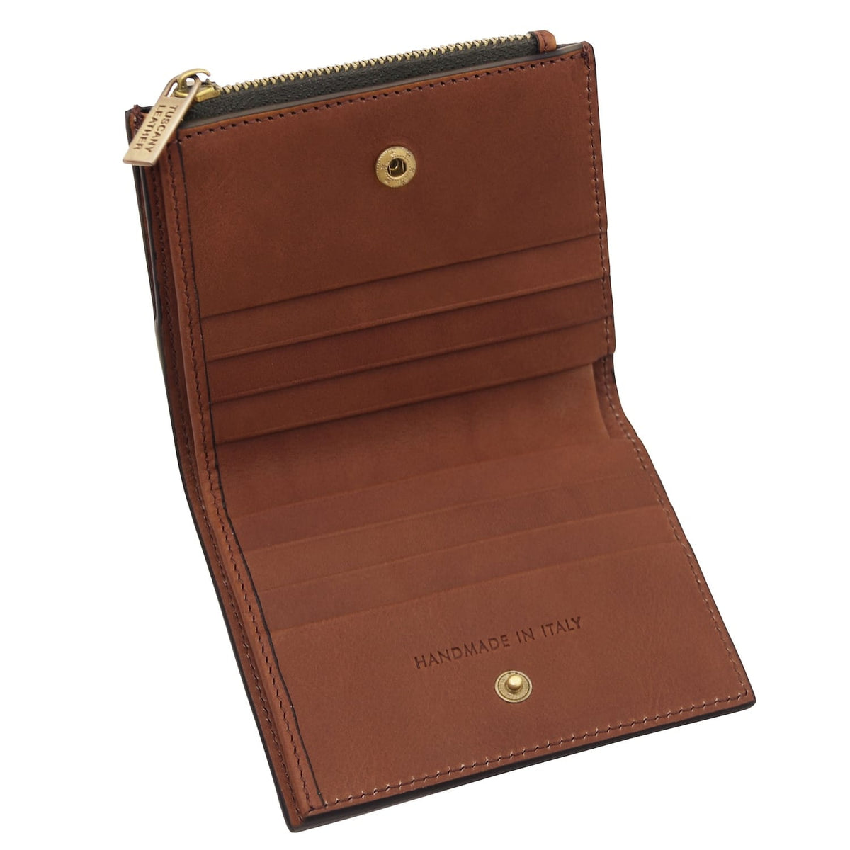 Brown handmade Italian leather wallet open with card slots and a zip coin pocket