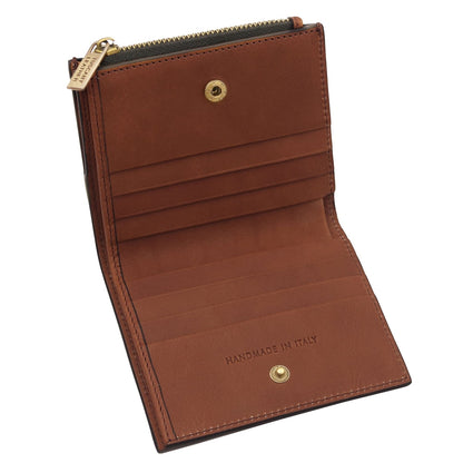 Brown handmade Italian leather wallet open with card slots and a zip coin pocket