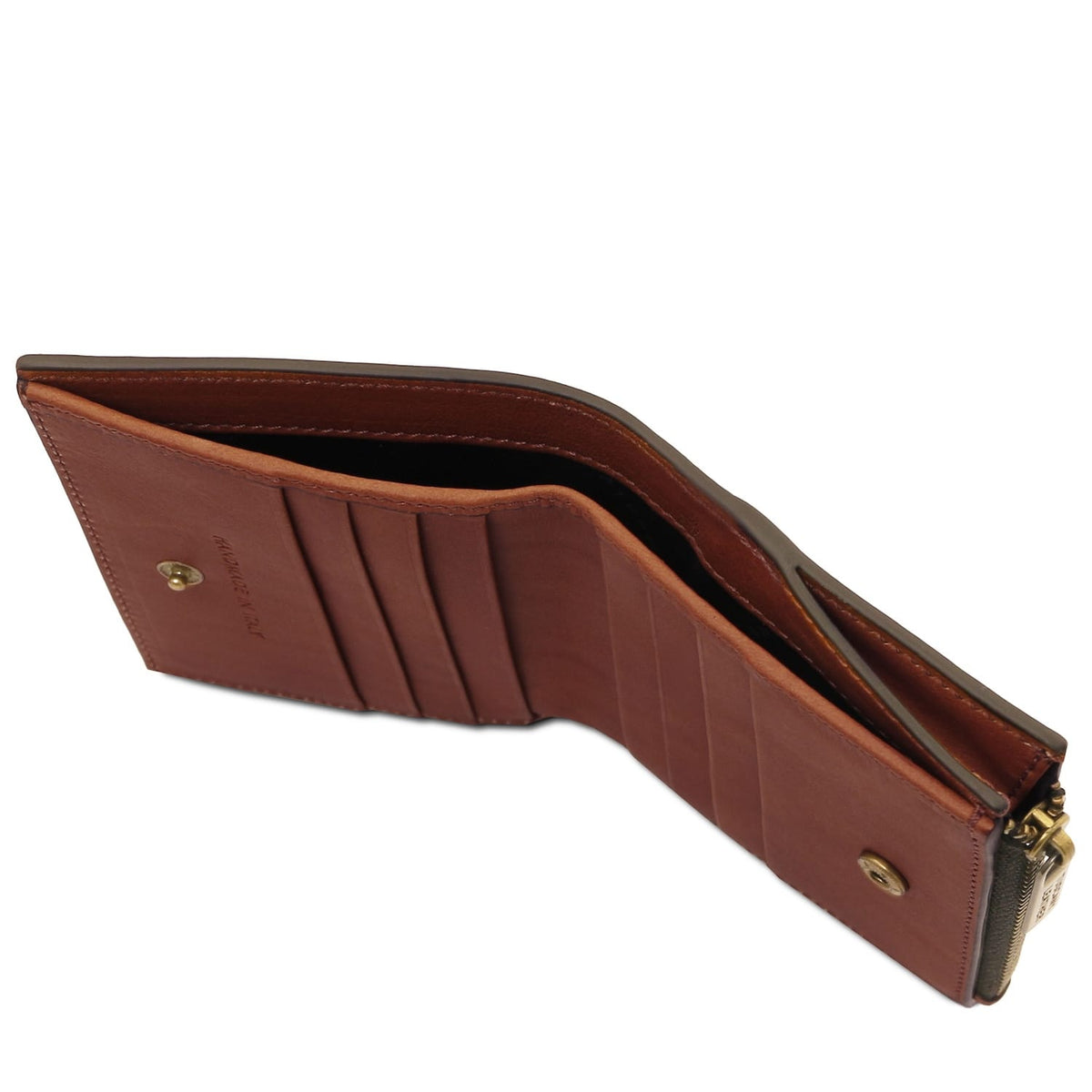 Brown men's leather wallet with zip around closure and multiple card slots visible from the side