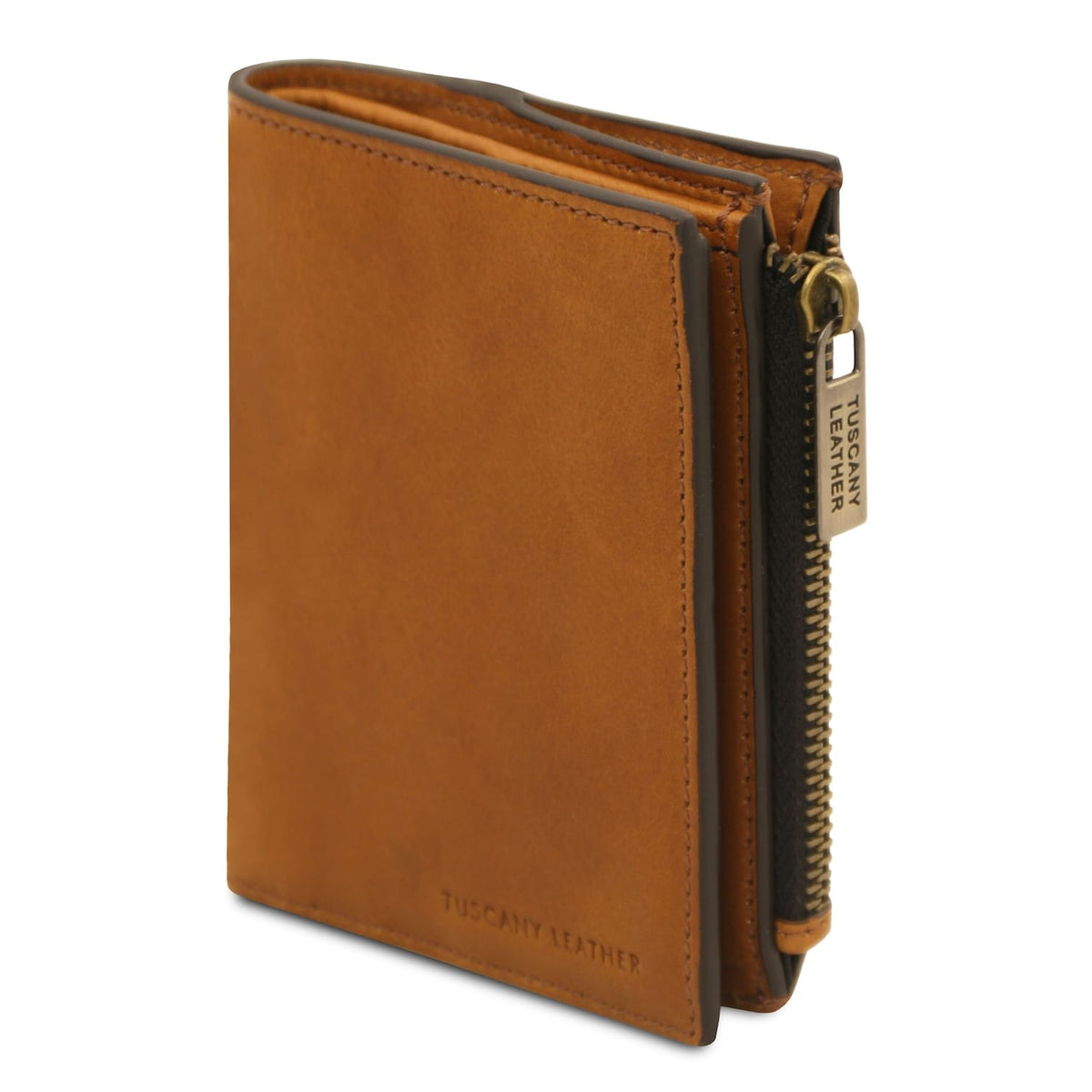 Exclusive leather wallet for men in tan leather, front view.