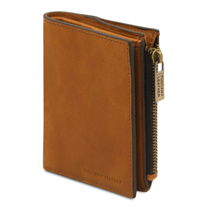 Exclusive leather wallet for men in tan leather, front view.
