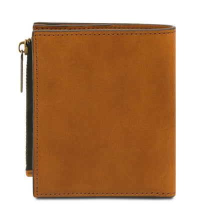 Front view of tan leather men's wallet with visible stitching and side zipper