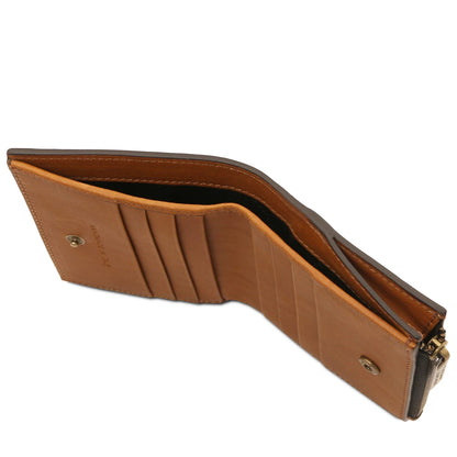 Brown Tuscany Leather wallet with multiple card slots opened to show interior compartments and side zipper.