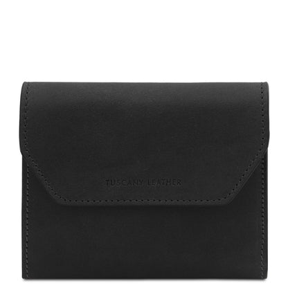 Black compact leather wallet with a curved flap and embossed Tuscany Leather on the front
