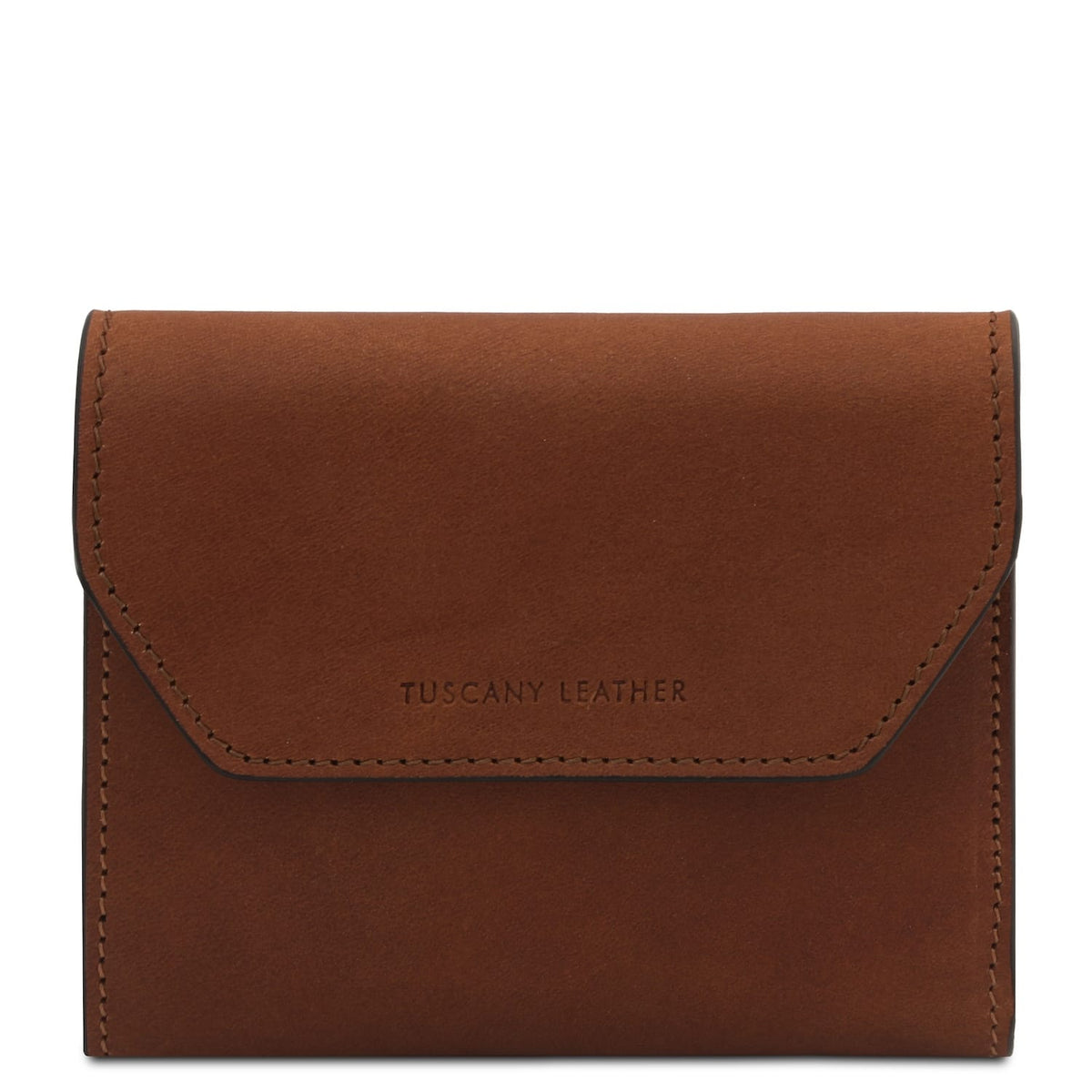 Exclusive tan leather wallet with front flap and visible stitching by Tuscany Leather