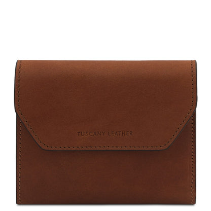 Exclusive tan leather wallet with front flap and visible stitching by Tuscany Leather