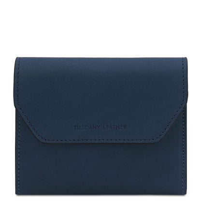 Navy blue Tuscany Leather wallet with front flap and precise stitching
