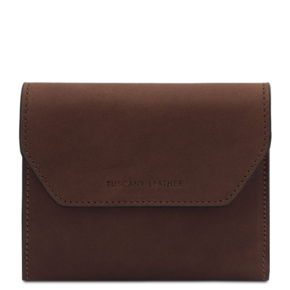 Brown leather wallet with a curved flap and topstitching, displaying Tuscany Leather branding.
